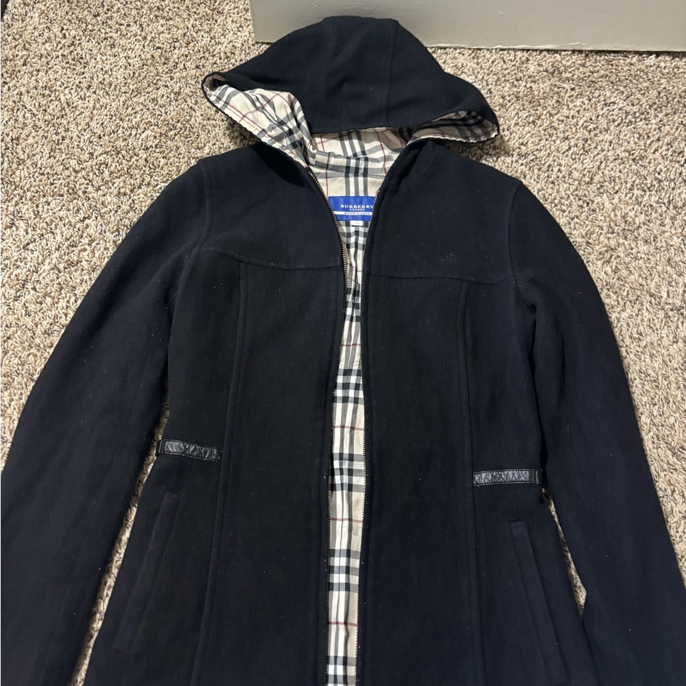 Burberry Black Trench Coat with Hood and Zipper